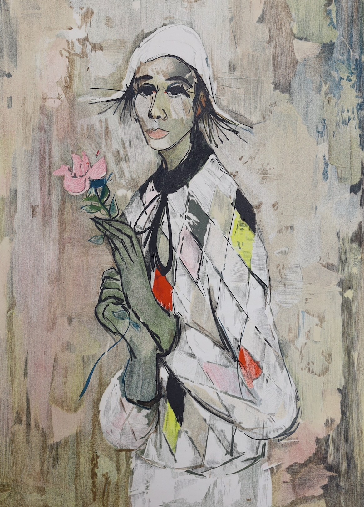 French School, lithograph, Harlequin holding a rose, indistinctly signed and numbered 120/150, 56 x 42cm, unframed